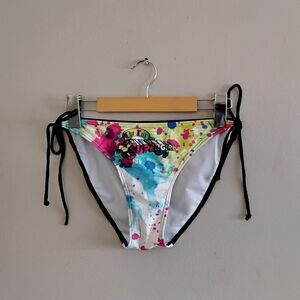 Tie-Side Multicolor Watercolor Bikini Bottom with Black Ties